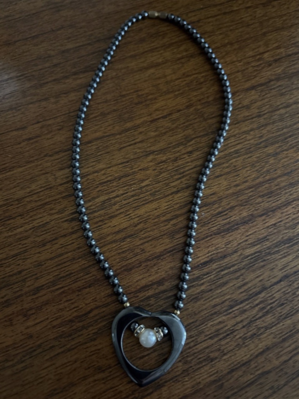 Vintage Hematite and Faux Pearl Heart Necklace